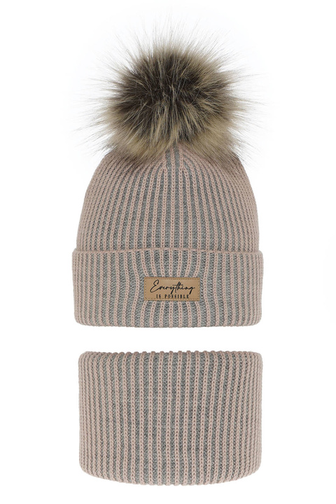 Set invernale bambina: berretto e scaldacollo, rosa, con pompon, Floryda