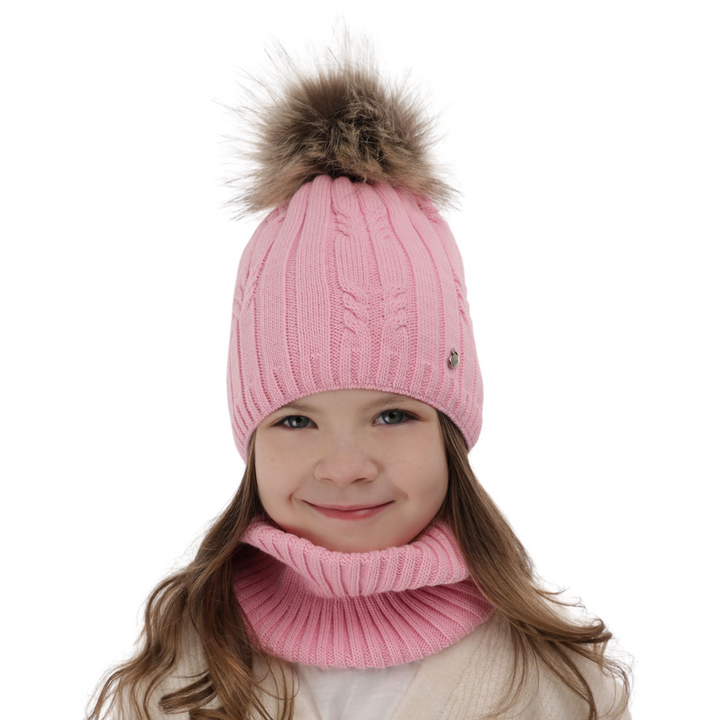 Set invernale bambina: berretto e scaldacollo, rosa, con pompon, Amaltea