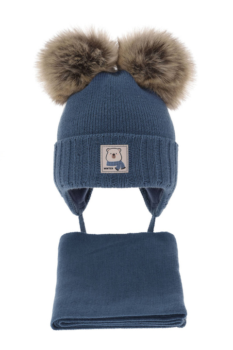 Set invernale bambino: berretto e sciarpa, blu, con due pon pon, Jewel