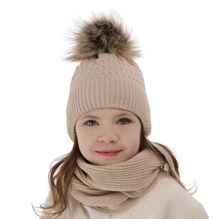 Set invernale bambina: berretto e sciarpa, beige, con pompon, con lacci, Zelta