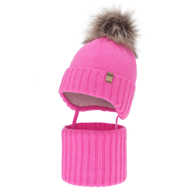 Set invernale bambina (berretto e scaldacollo), rosa, con pompon, Primula