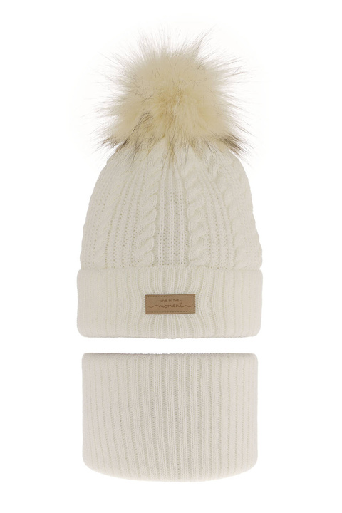 Set invernale bambina: berretto e scaldacollo, crema, con pompon, Alika