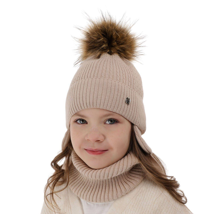 Set invernale bambina: berretto e scaldacollo, beige, con pompon, Debra