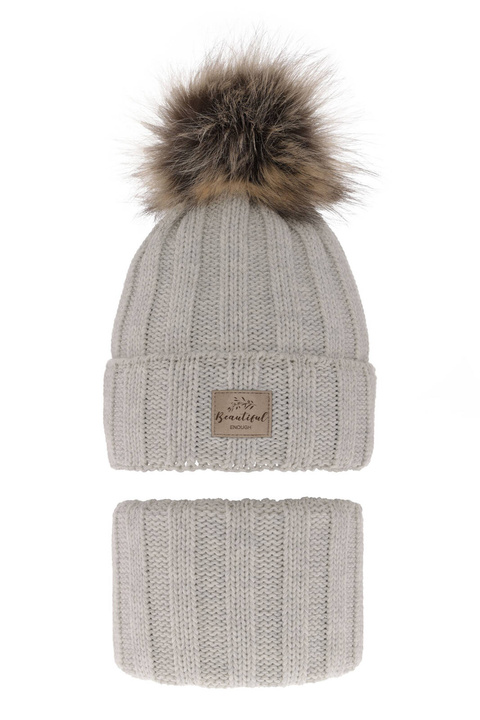 Set invernale bambina: berretto e scaldacollo, grigio, con pompon, Kaliope