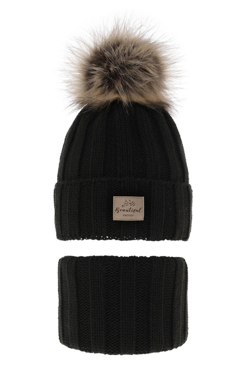 Set invernale bambina: berretto e scaldacollo, nero, con pompon, Kaliope