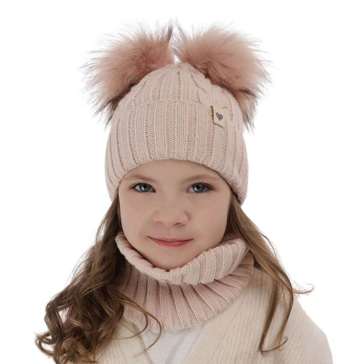 Set invernale bambina: berretto e scaldacollo, rosa, con due pon pon, Amala