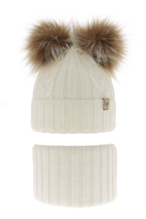 Set invernale bambina: berretto e scaldacollo, crema, con due pon pon, Amala