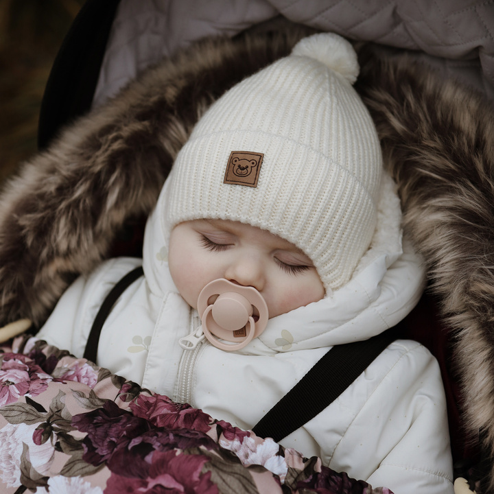 Berretto invernale bambino, crema, 100% Lana Merino, foderato in pile, con lacci, Tofik