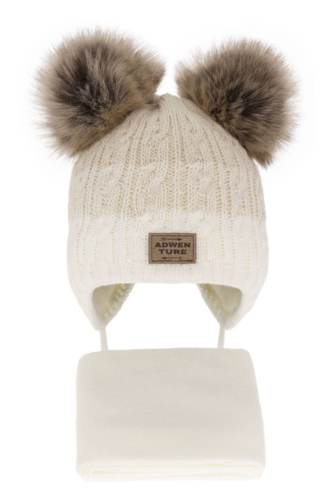 Set invernale bambino: berretto e sciarpa, crema, con due pon pon, Platon