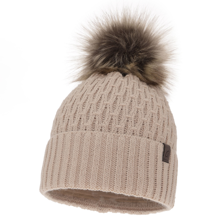 Berretto invernale donna, beige, con pompon, Gaba