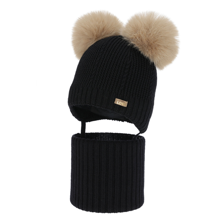 Set cappello e scaldacollo bambina, invernale, nero, 100% lana merino, foderato pile di lana, Lumia
