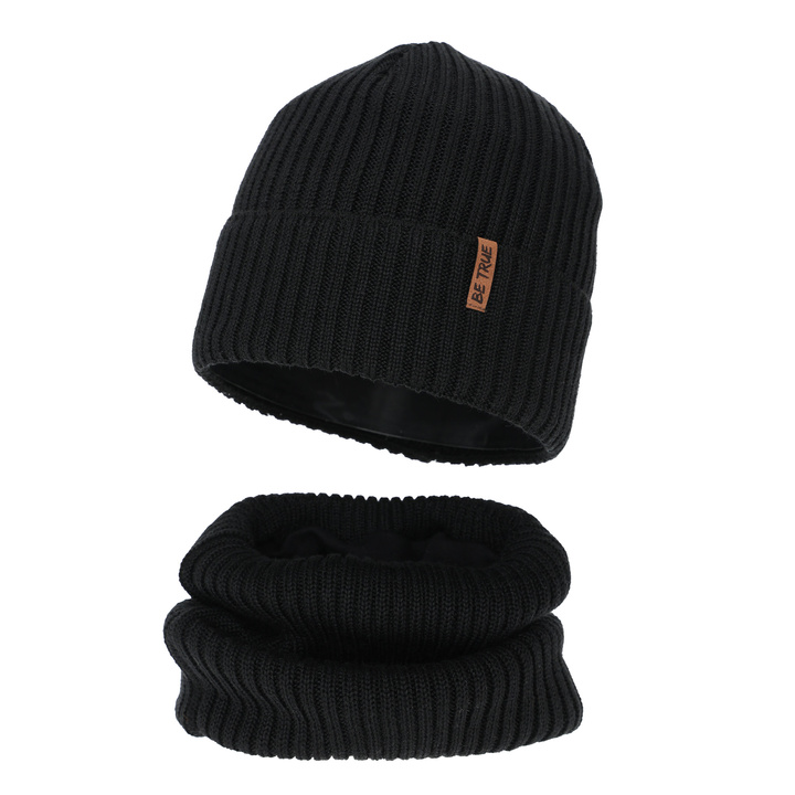 Set invernale bambino (berretto e scaldacollo), nero, foderato in pile, con lana merino, Colton