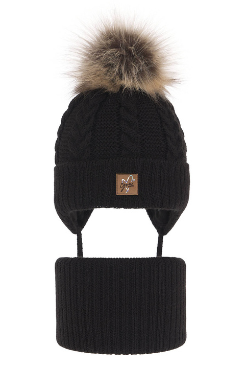 Set invernale bambina: berretto e scaldacollo, nero, con pompon, con lacci, Finess