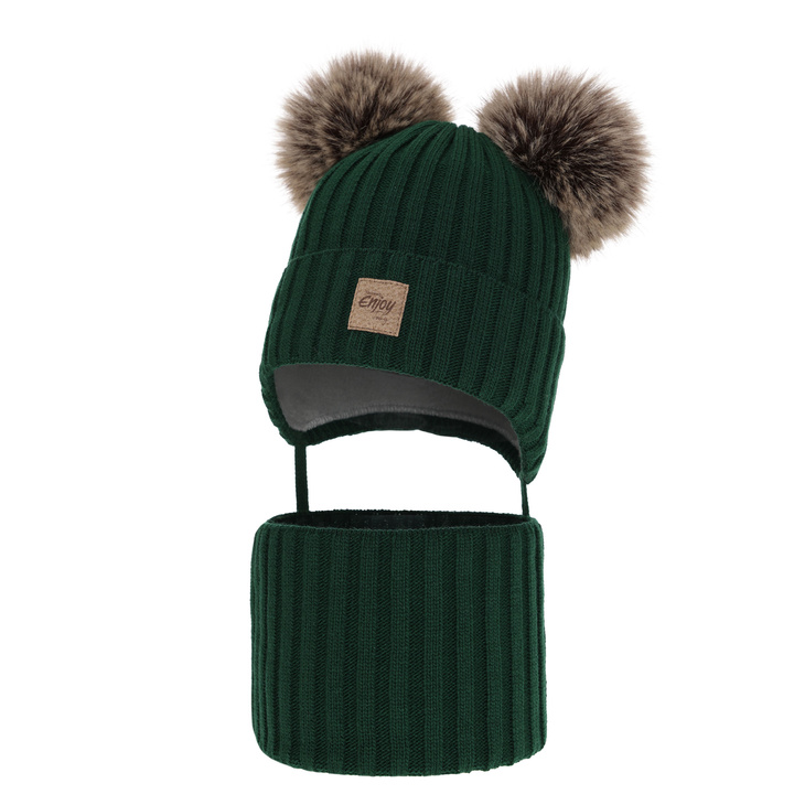 Set invernale bambino: berretto e scaldacollo, verde, con due pon pon, con lacci, Orange