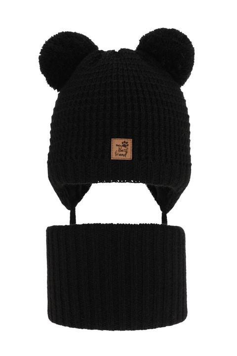 Set invernale bambino: berretto e scaldacollo, nero, con due pon pon, con lacci, Krispi