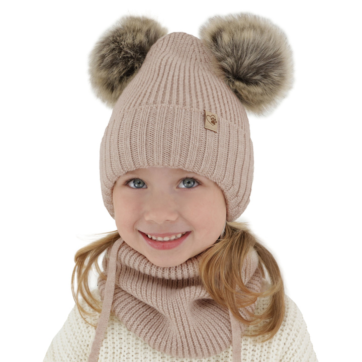 Set invernale bambina: berretto e scaldacollo, beige, 100% Lana Merino, con lacci, con due pon pon, Silvia