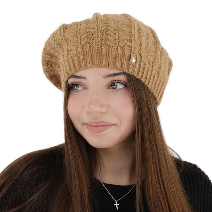 Beret invernale donna, camel, con lana merino, Senja