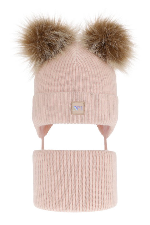Set invernale bambina: berretto e scaldacollo, rosa, con due pon pon, con lacci, Kiara