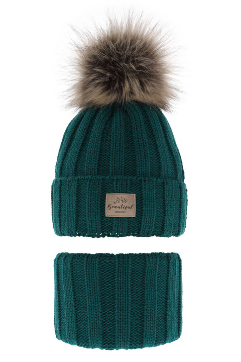 Set invernale bambina: berretto e scaldacollo, smeraldo, con pompon, Kaliope