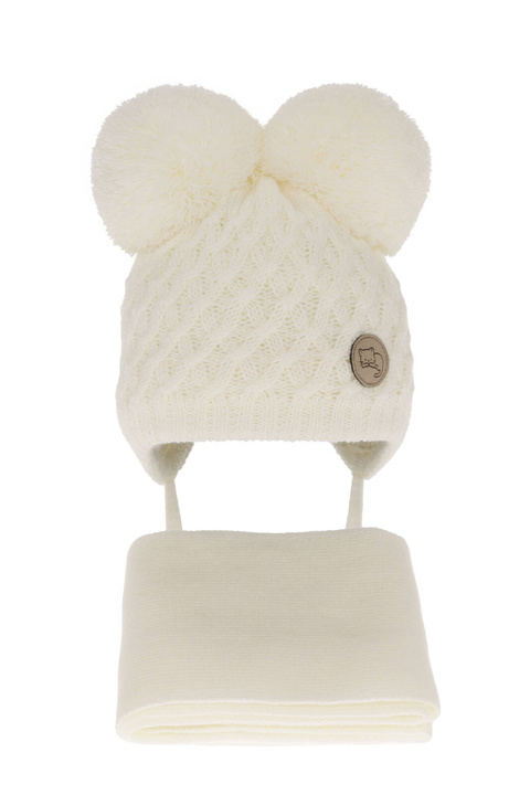 Set invernale bambina: berretto e sciarpa, crema, con due pon pon, con lacci, Anava