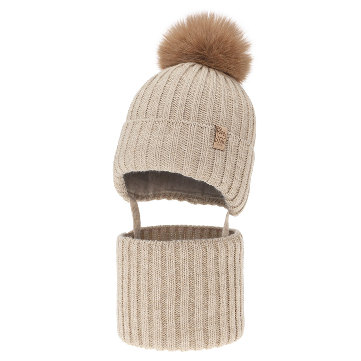 Set invernale bambino: berretto e scaldacollo, beige, con pompon, Bagil