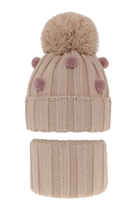 Set invernale bambina: berretto e scaldacollo, beige, con pompon, Hekate