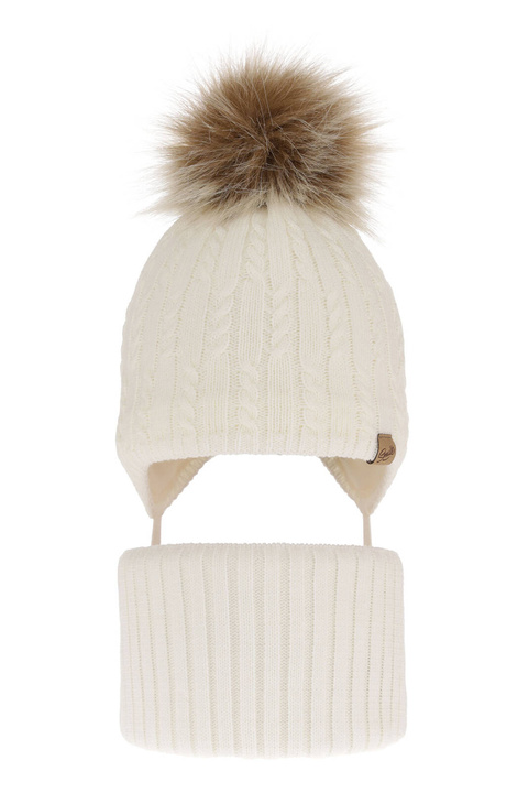 Set invernale bambina: berretto e scaldacollo, crema, con pompon, con lacci, Loreley