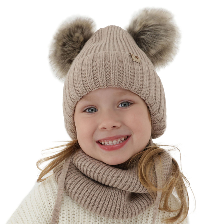 Set invernale bambina: berretto e scaldacollo, beige, con due pon pon, 100% Lana Merino, con lacci, Silvia