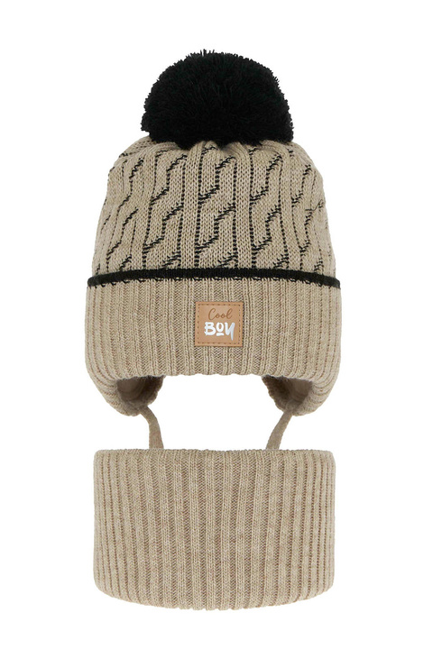 Set invernale bambino: berretto e scaldacollo, beige, con pompon, Pikolo