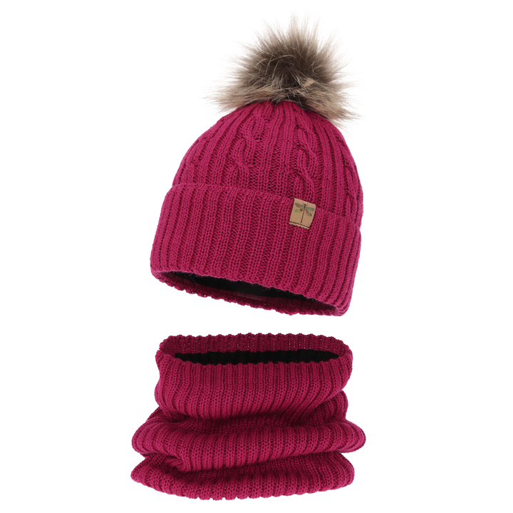 Set invernale bambina: berretto e scaldacollo, amarantowy, con pompon, 100% Lana Merino, Aprilia