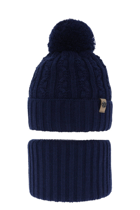 Set invernale bambino: berretto e scaldacollo, blu navy, con pompon, Almond