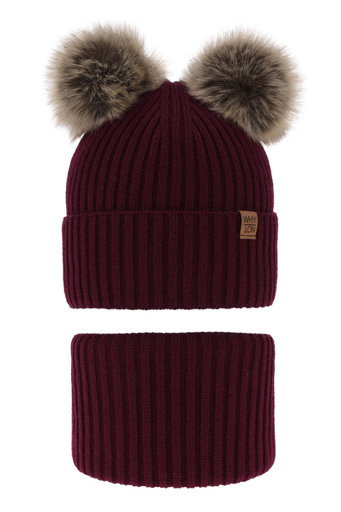 Set invernale bambino: berretto e scaldacollo, bordato, con due pon pon, Oxford