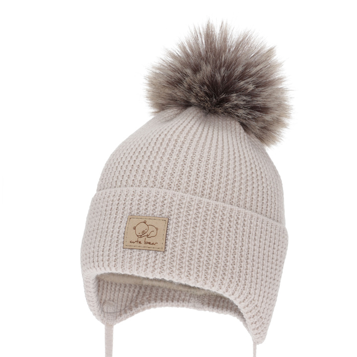 Berretto invernale bambino, con lacci, 100% Lana Merino, camel, Jergen