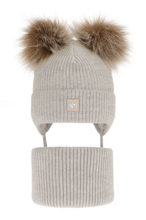 Set invernale bambina: berretto e scaldacollo, grigio, con due pon pon, con lacci, Kiara