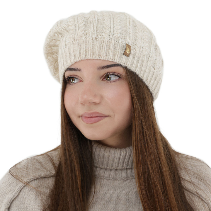 Beret donna invernale, beige chiaro, con lana merino, Senja