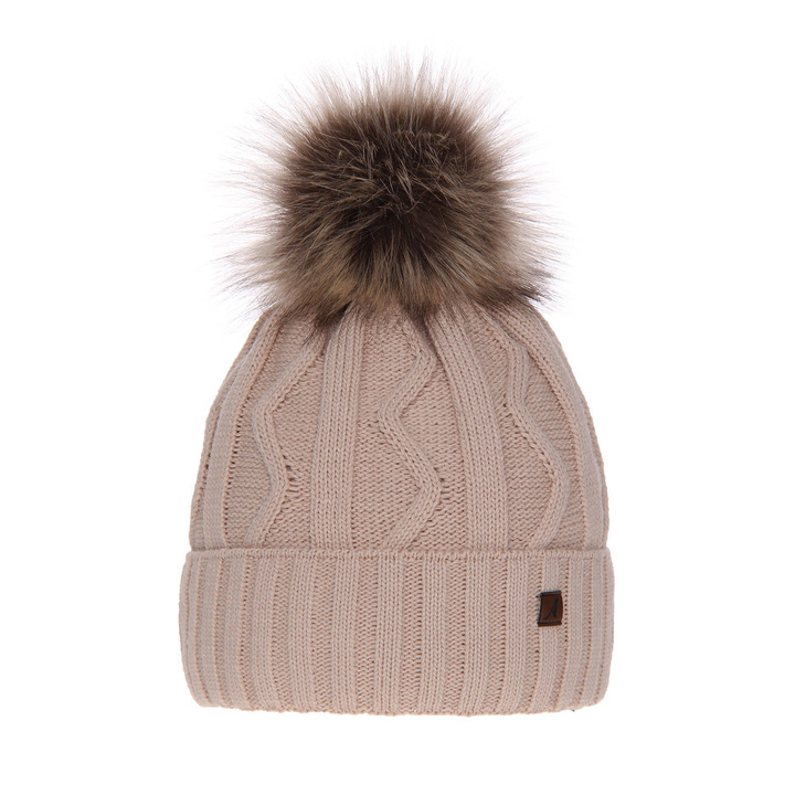 Berretto invernale donna, beige, con pompon, Renika