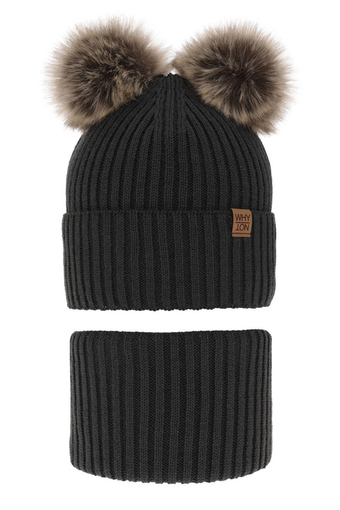 Set invernale bambino: berretto e scaldacollo, grigio, con due pon pon, con lacci, Oxford