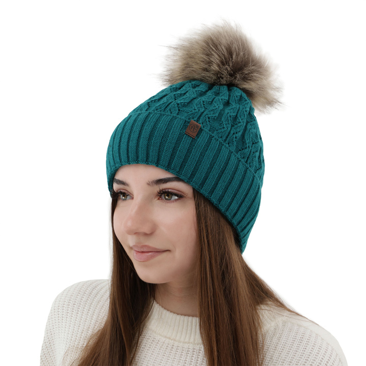 Berretto invernale donna, smeraldo, con pompon, Katty