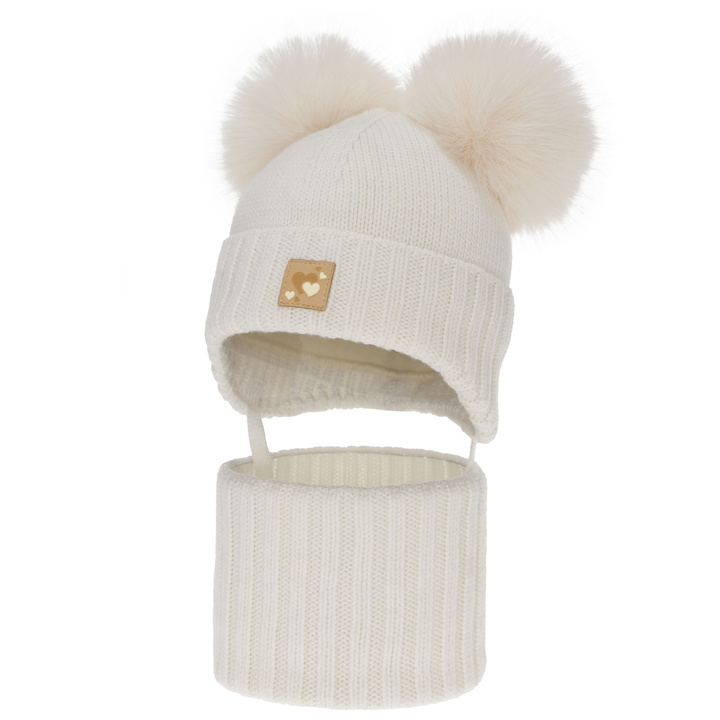 Set cappello e scaldacollo bambina, invernale, bianco, 100% lana merino, foderato pile di lana, Ronia