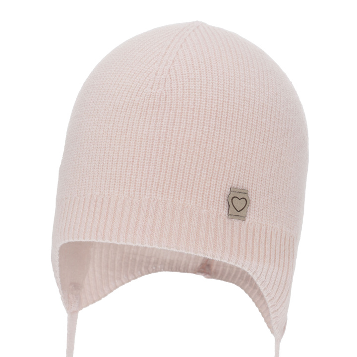 Berretto autunno/primavera bambina, rosa, lana merino con cashmere, con lacci, Orida