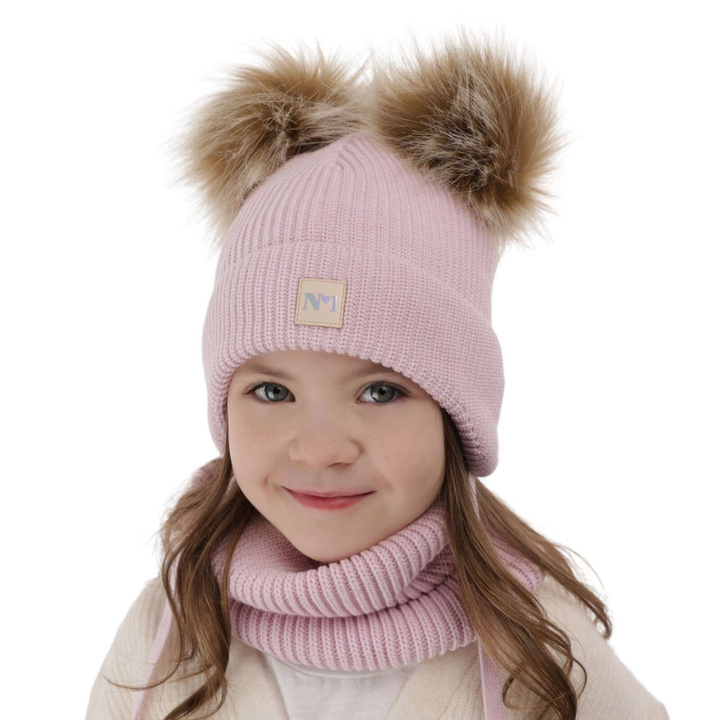 Set invernale bambina: berretto e scaldacollo, lilla, con due pon pon, con lacci, Kiara