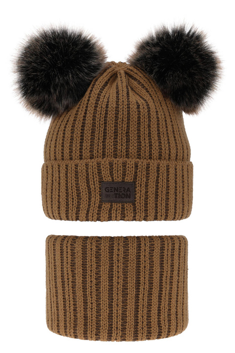 Set invernale bambino: berretto e scaldacollo, camel, con due pon pon, Tokio