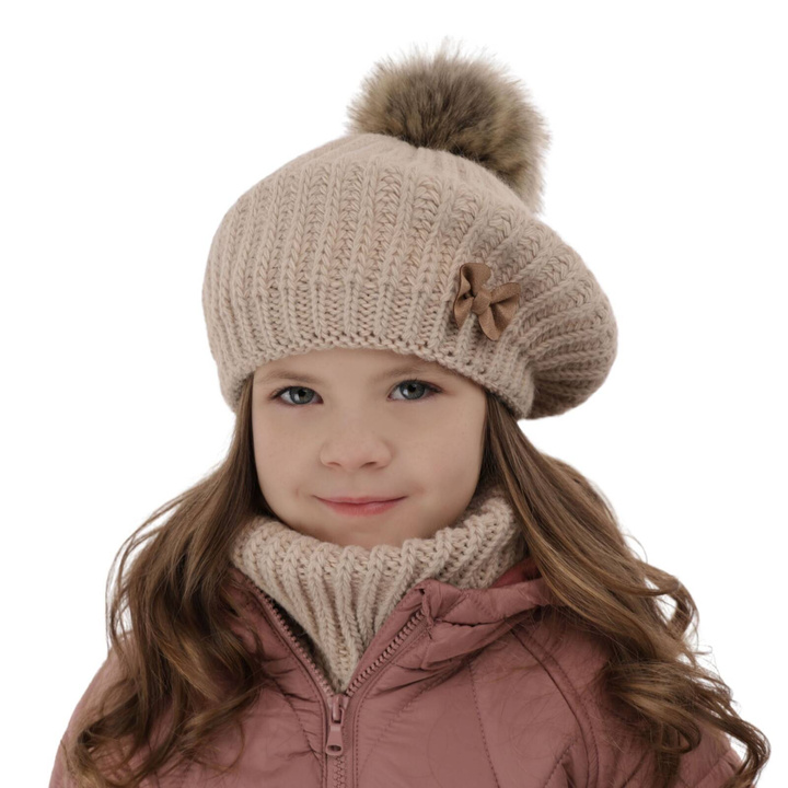 Set invernale bambina: berretto e scaldacollo, beige, con pompon, Polinezja
