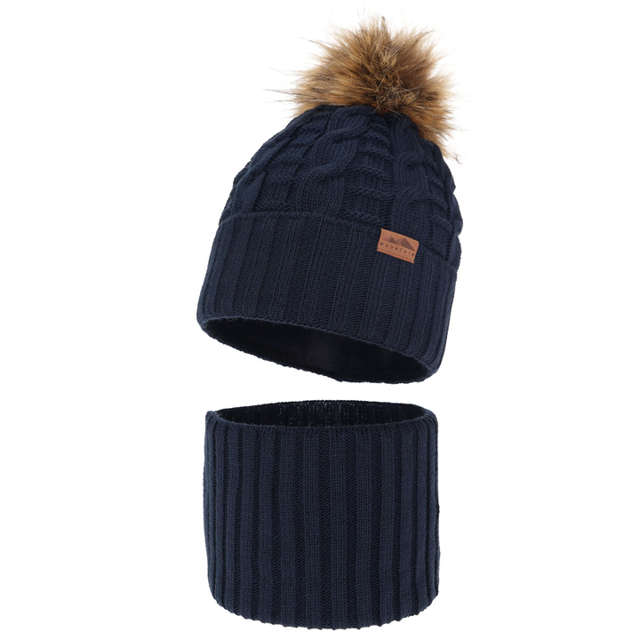Set invernale bambino: berretto e scaldacollo, blu scuro, con pompon, Cent