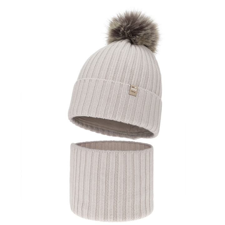 Set invernale bambina (berretto e scaldacollo), 100% Lana Merino, foderato in cotone, con pompon, beige, Terida