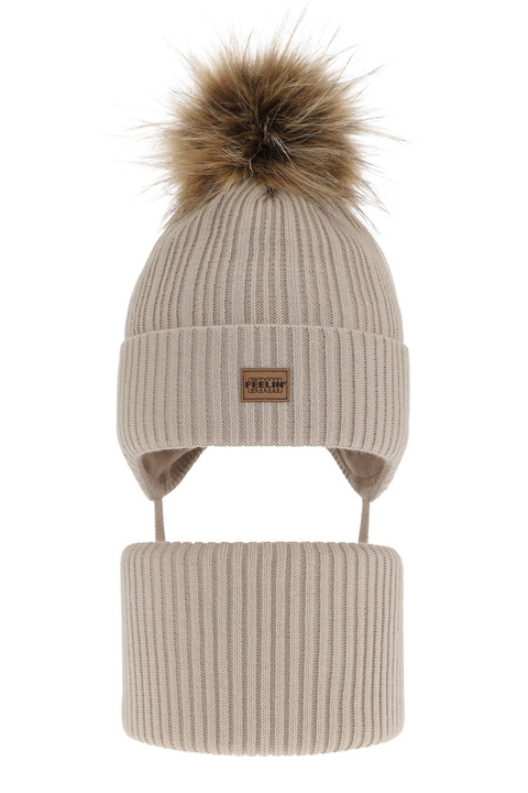 Set invernale bambino: berretto e scaldacollo, beige, con pompon, Eger