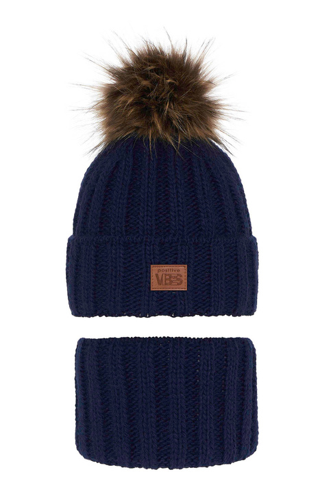 Set invernale bambino: berretto e scaldacollo, blu scuro, con pompon, Remes