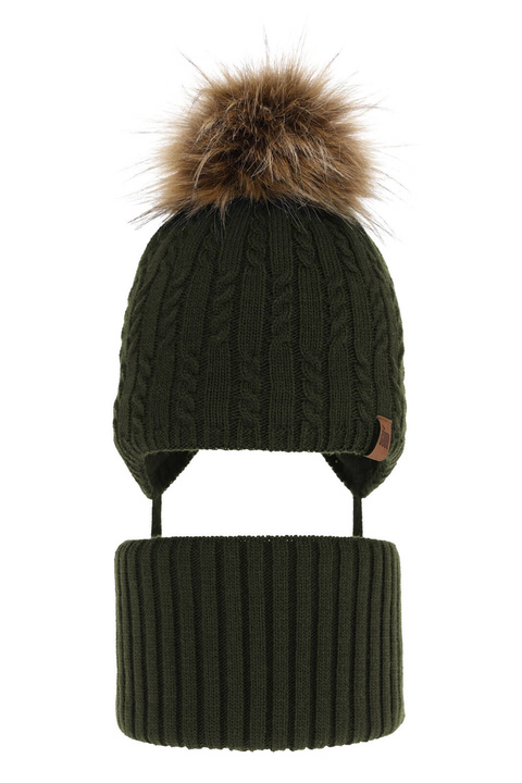 Set invernale bambino: berretto e scaldacollo, khaki, con pompon, Indigo