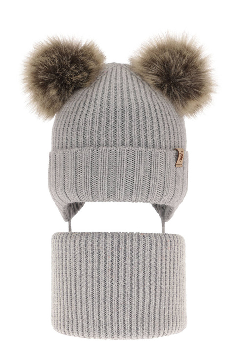 Set invernale bambina: berretto e scaldacollo, grigio, con due pon pon, 100% Lana Merino, Silvia