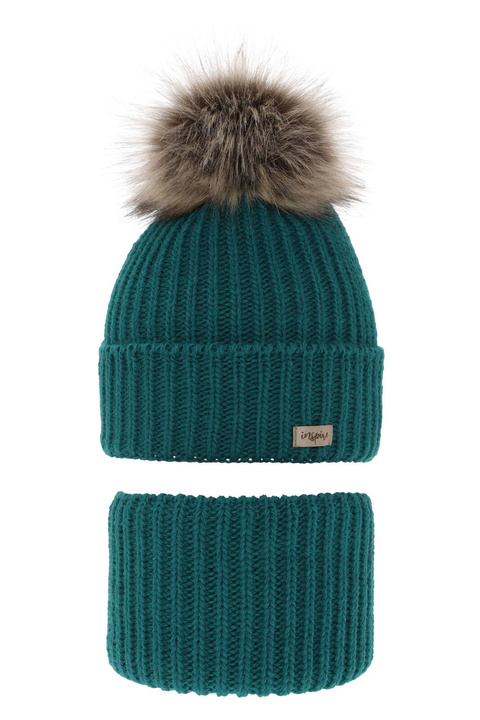 Set invernale bambina: berretto e scaldacollo, verde smeraldo, con pompon, Willow